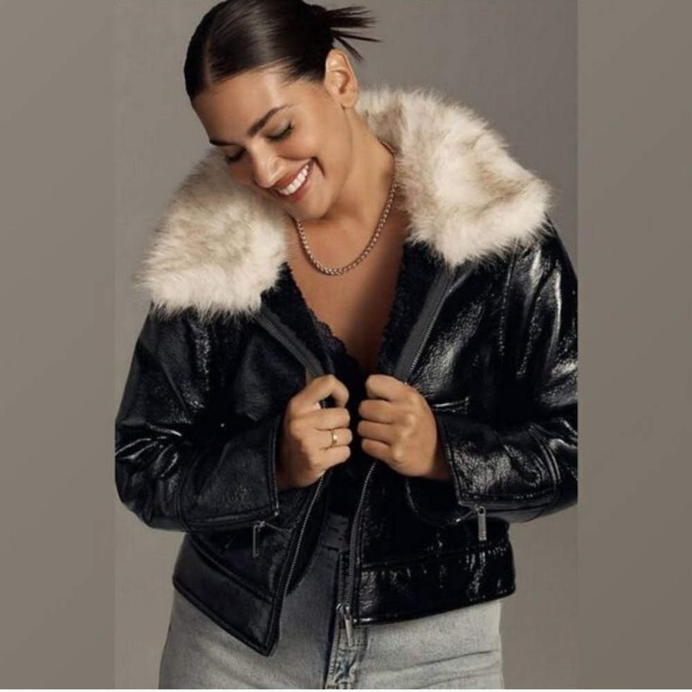 Unreal fur wet look aviator jacket - Picture 2 of 16
